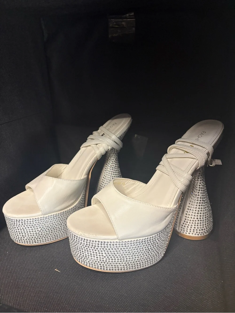 Fashion Nova Cream Rhinestone Platform Slide Sandals